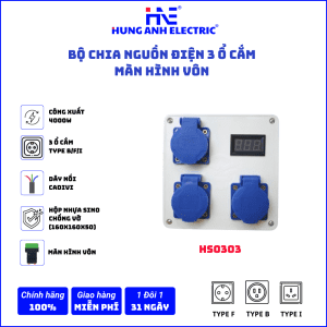Bộ chia nguồn điện công nghiệp 03 ổ cắm - Màn hình vôn | Ổ cắm điện thi công 10A-16A | HS0303
