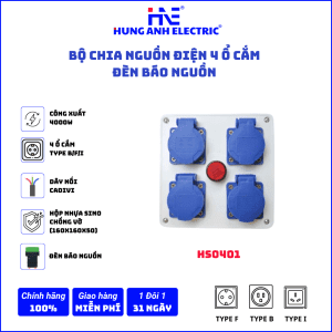 Bộ chia nguồn điện công nghiệp 04 ổ cắm - Đèn báo nguồn | Ổ cắm điện thi công 10A-16A | HS0401